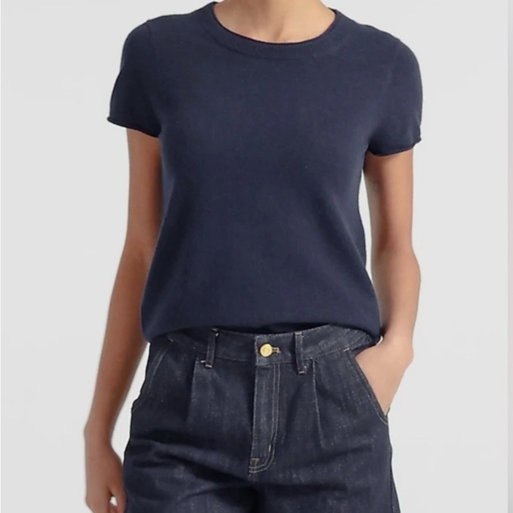 J.Crew 100% Cashmere Short Sleeve Sweater Navy Classic Tee Top Size M